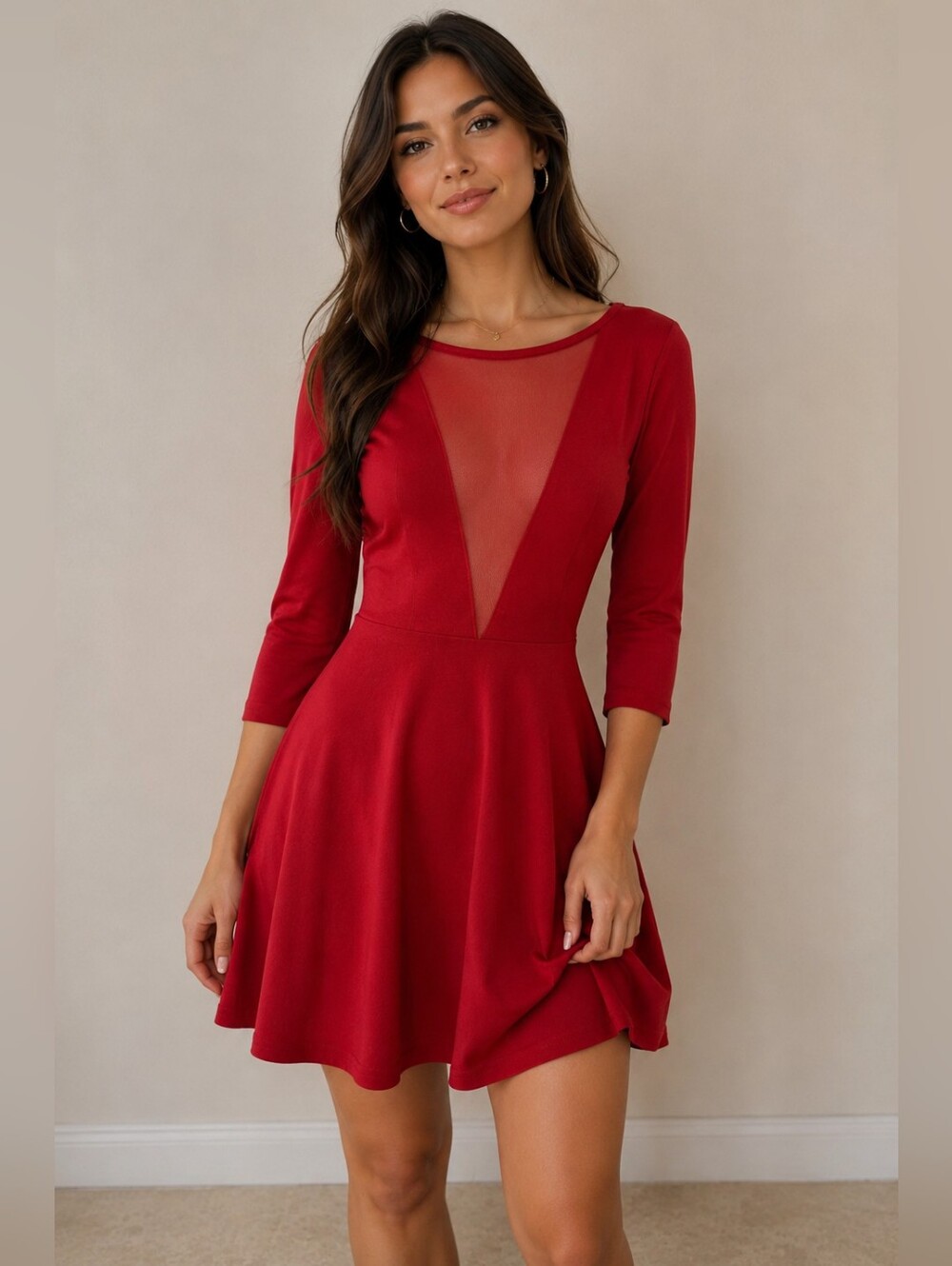 Women's Red Mesh-Insert Fit & Flare Dress